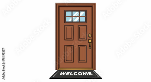 A welcoming wooden door with a welcome mat in front
