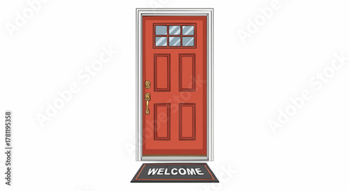 An illustration of a red door with a welcome mat