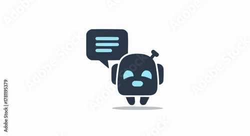 An illustration of a robot with speech bubble, representing an artificial intelligence concept. The robot is stylized, with a speech bubble showing content