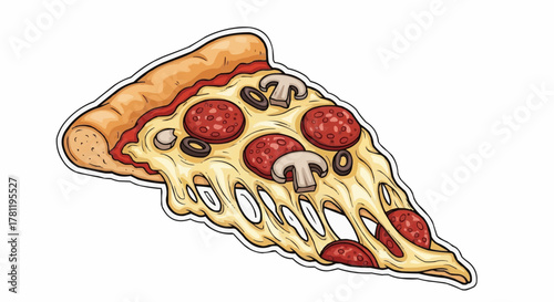 Delicious slice of pizza with cheese, pepperoni and mushroom toppings. It is a mouthwatering food that is ready to be eaten.