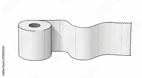 A roll of toilet paper, partially unrolled, offering a glimpse of its texture and perforations. This provides a clear illustration of hygiene, cleanliness, and comfort. 