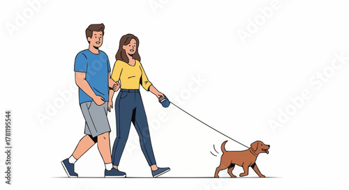 A couple enjoying a pleasant walk with their dog. The couple is shown walking side by side, with the dog on a leash, exhibiting happiness
