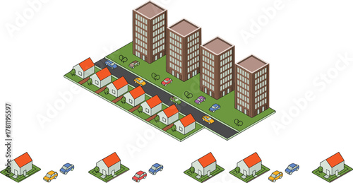 isometric city, urban landscape, residential area, high-rise buildings, modern neighborhood, apartment complex, suburban homes, city street, urban development, architecture design