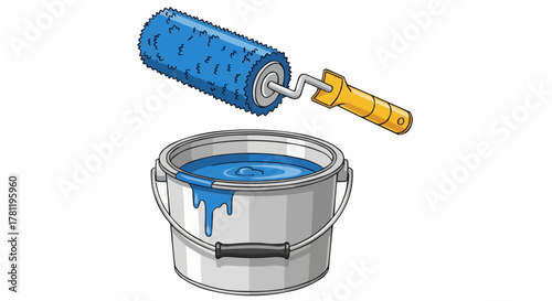 A paint bucket with paint roller