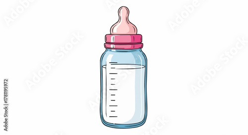A detailed illustration of a baby bottle filled with milk. It shows the bottle's design and features