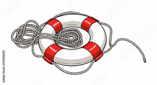 Lifesaver buoy with rope, symbolizing safety and help in emergencies. The buoy has white color with red stripes