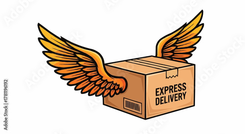 Fast and reliable express delivery service symbol. A cardboard box with wings represents speed and efficiency