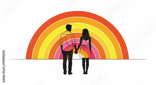 A couple holding hands in front of a colorful rainbow. They stand in silhouette, gazing at the beautiful and symbolic arc.