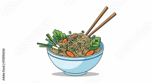 A bowl of appetizing noodles with fresh herbs and vegetables with chopstick. This culinary creation is a feast for the eyes and the stomach