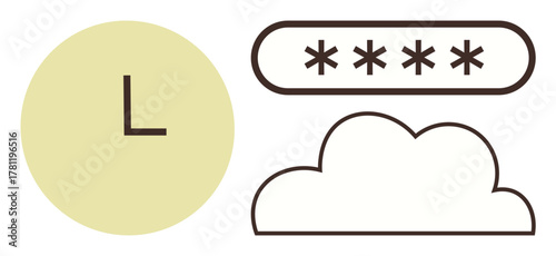 Clock, password field with asterisks, and cloud outline highlight data security, authentication, or online storage. Ideal for security, technology, time management, networking cloud computing