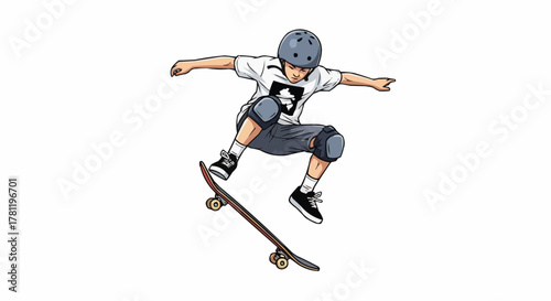 Skateboarder in action performing tricks.