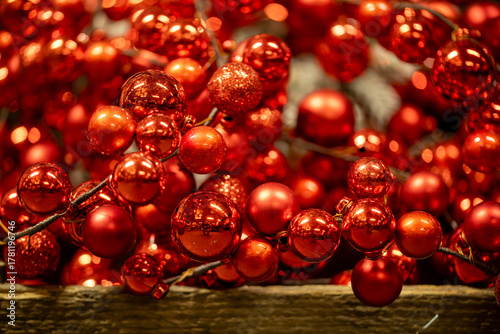 Shiny Red Christmas Baubles in Decorative Arrangement