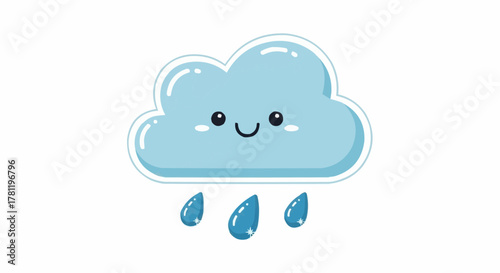 A cute cartoon illustration of a smiling cloud with raindrops falling