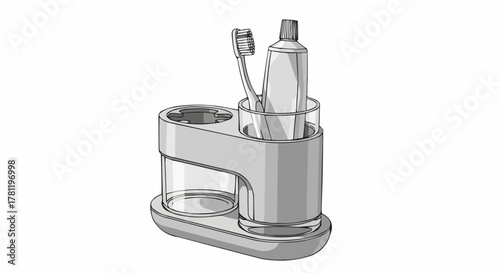 toothbrush and toothpaste holder graphic in grey tones.
