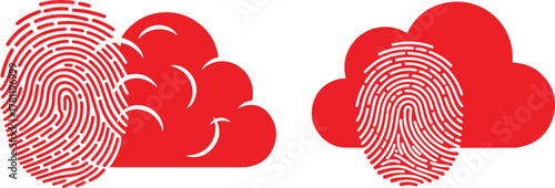 Fingerprint icons superimposed on red cloud shapes on a white background thumbprint biometric
