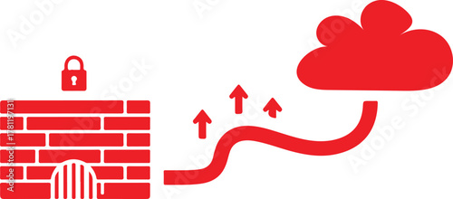 Red brick wall with padlock and cloud icon connected by arrows on white background firewall