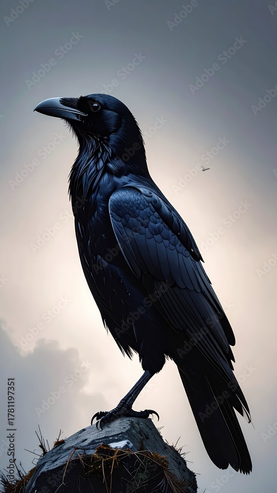 Naklejka premium Majestic black raven perched atop a rock against cloudy sky
