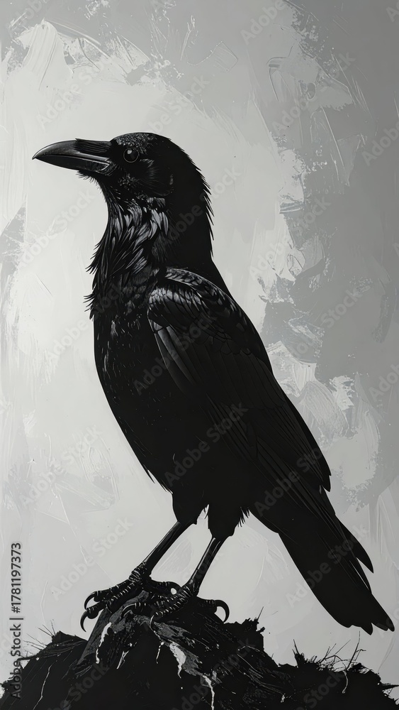 Fototapeta premium Majestic Black Raven Standing on Rock with Artistic Background