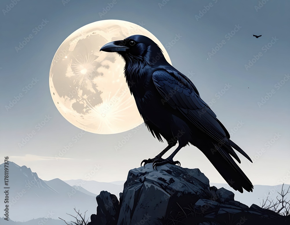 Naklejka premium Raven Silhouette Against Bright Moon and Scenic Mountain Landscape