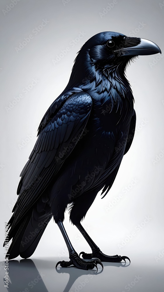 Naklejka premium Majestic Raven Bird with Glossy Black Feathers on Neutral Background