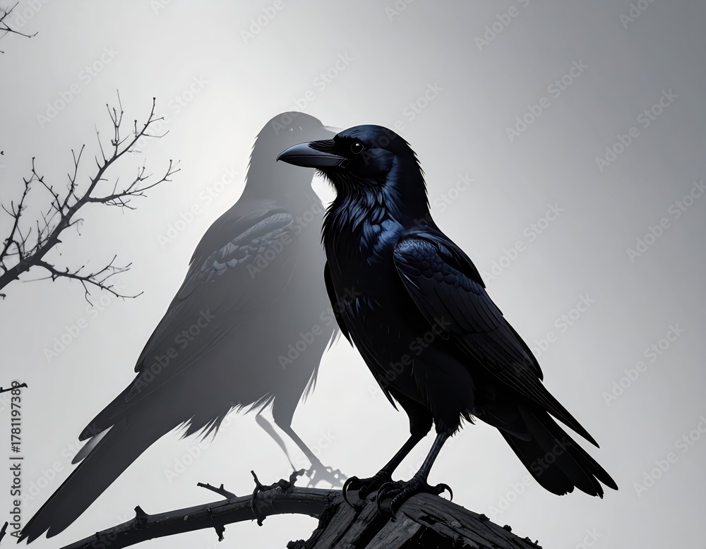 Fototapeta premium Majestic Raven Perched on a Branch Against a Mysterious Background