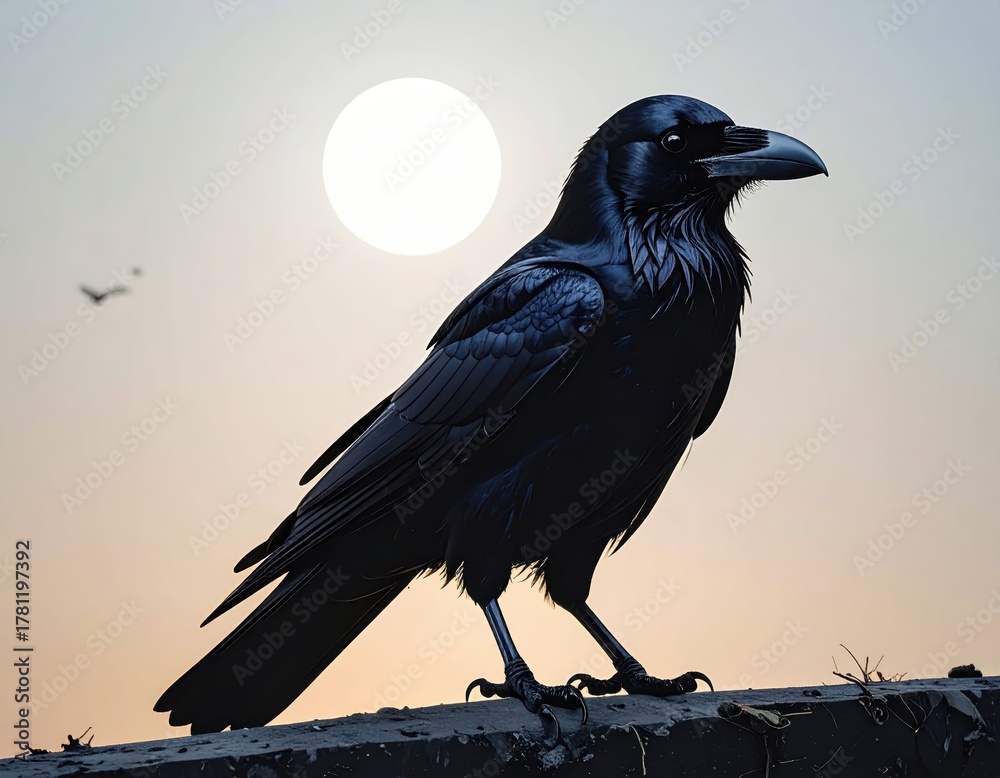 Naklejka premium Majestic Black Raven Silhouetted Against a Sunset Background
