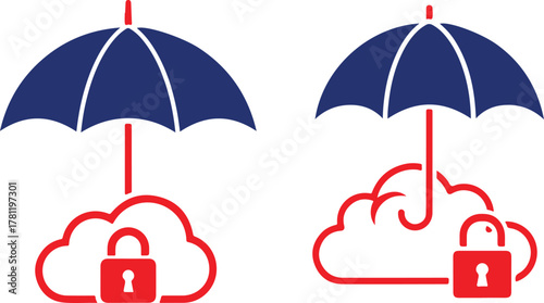 Umbrella icons protecting red cloud and lock symbols on a white background protection security