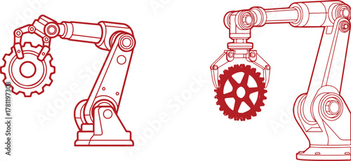 Two robotic arms holding gears on a white background industrial robot automation