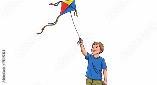 Boy Flying a Kite in a Field.