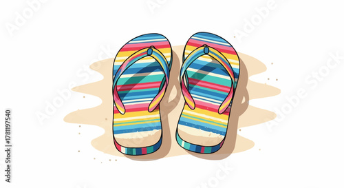 Pair of colorful striped flip-flops on the beach.