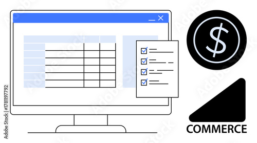 Computer screen with data chart, checklist, and dollar sign, reflecting e-commerce, finance, accounting, analytics, online transactions business planning and budgeting. Ideal for simple flat