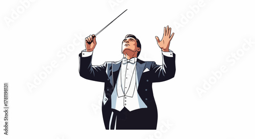 Conductor leading orchestra with baton.