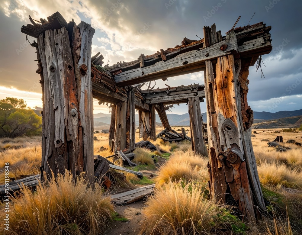 Fototapeta premium Abandoned Structure Surrounded by Golden Grass at Dusk