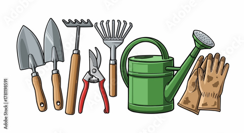 Gardening tools arranged in a row