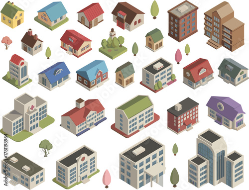 Isometric building collection, modern architecture design, residential and commercial structures, city planning illustration, 3D urban development concept, architectural visualization art