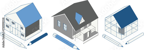 Modern isometric house design illustration, architectural concept, home building models, creative construction art, 3D drawing tools, minimalist architecture, blueprint inspiration