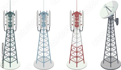 Cell towers with antennas and satellite dish, 5G communication network illustration, telecommunication infrastructure, wireless signal technology, isometric vector design