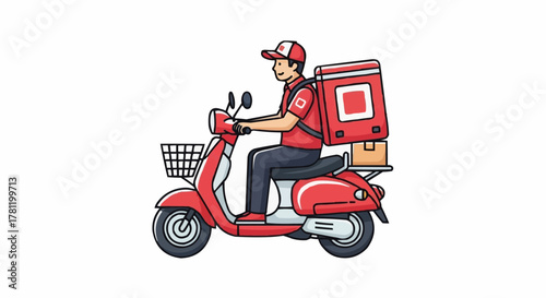 Delivery man on a red scooter.