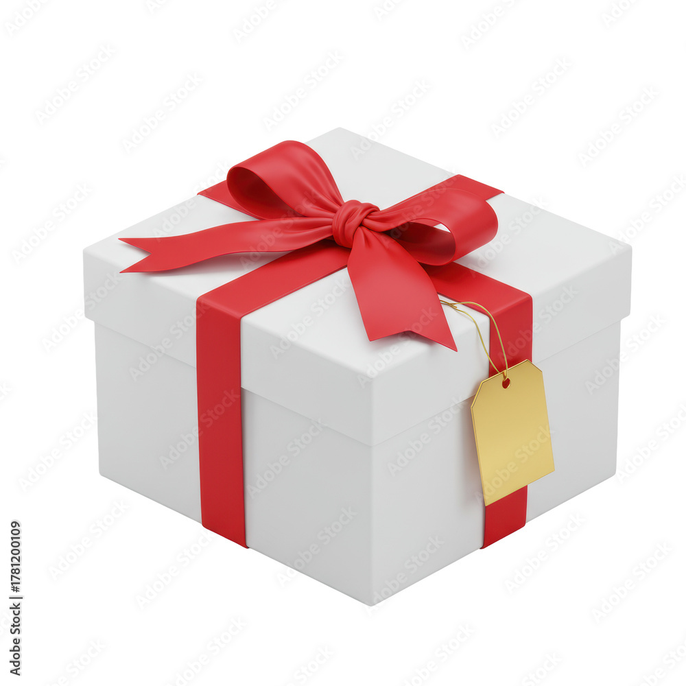 Fototapeta premium transparent rectangular gift box, red satin ribbon & bow, gold foil tag, isolated on transparent background under soft studio light at 45-degree angle, concept of elegant luxury