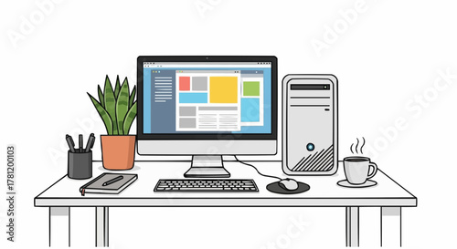 A desktop computer setup with a plant and a cup of coffee.