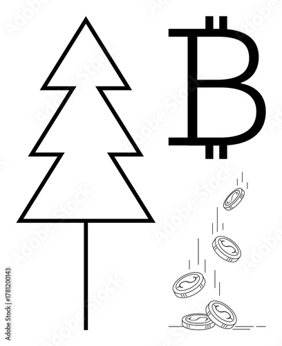 Outline of a tree next to a large Bitcoin symbol with coins cascading downward. Ideal for cryptocurrency, environment, finance, sustainability, investment, modern design, and simple flat metaphor