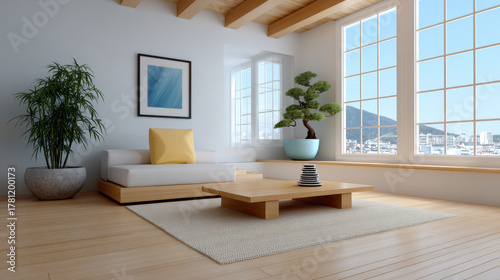 Tranquil japanese zen living room interior with tatami mats and shoji screens modern design bright atmosphere