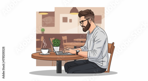 Man Working on a Laptop at a Cafe