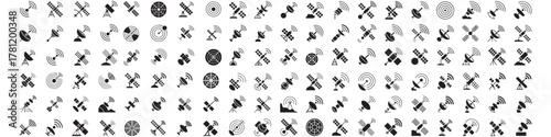 set of Radar glyph icon. Satellite antenna with strong signal. Astronomy vector design concept. Vector Black silhouettes. with white background