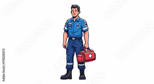 Paramedic standing with medical kit.
