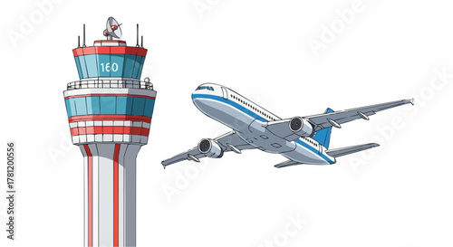 Airport control tower with airplane take-off.