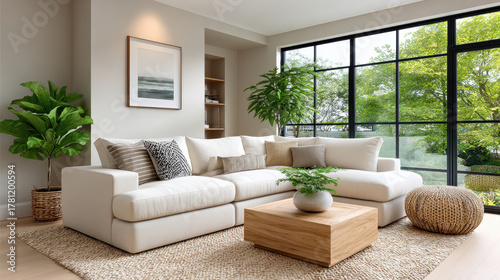 Bright living room interior with indoor plants and natural light modern home cozy ambiance stylish design