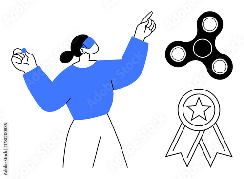 Woman gesturing thoughtfully with small object, fidget spinner, and star medal. Ideal for focus, achievement, choice, productivity, decision-making creativity mindfulness. Simple flat metaphor
