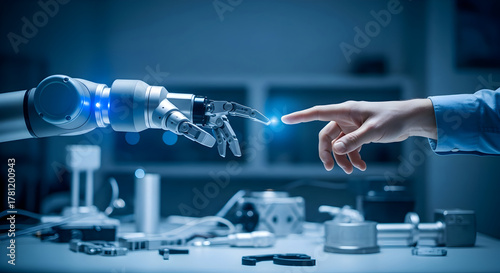Human touches robot's finger, sparking innovation and futuristic technology in a sterile lab environment for advanced AI concept development