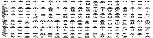 set of Beach umbrella solid icon, summer concept, parasol sign, sun umbrella icon. Vector Black silhouettes. with white background